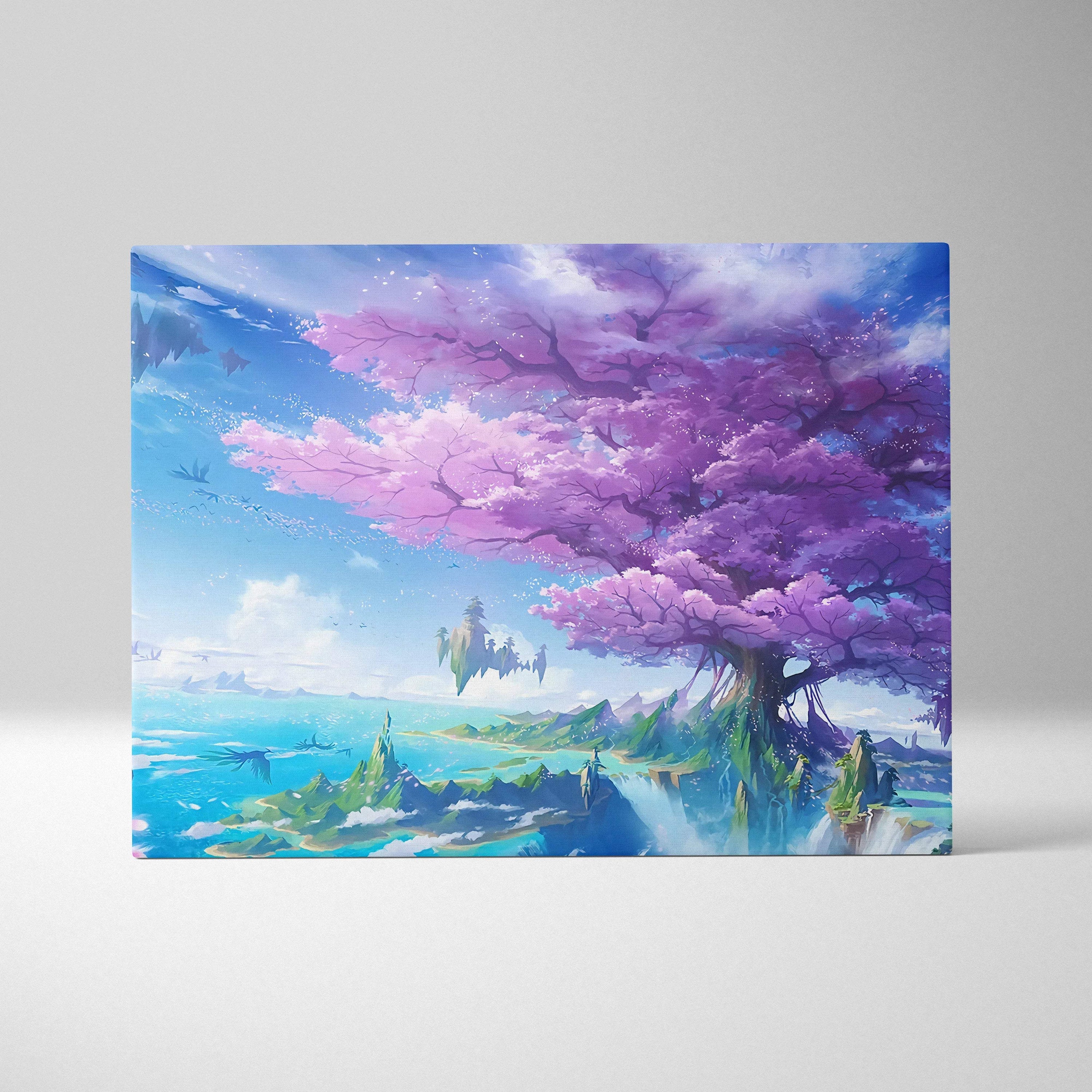 Fantasy cherry blossom tree on floating island over ocean dreamy anime canvas art