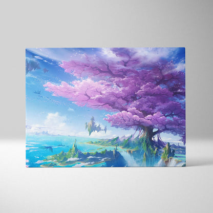 Fantasy cherry blossom tree on floating island over ocean dreamy anime canvas art