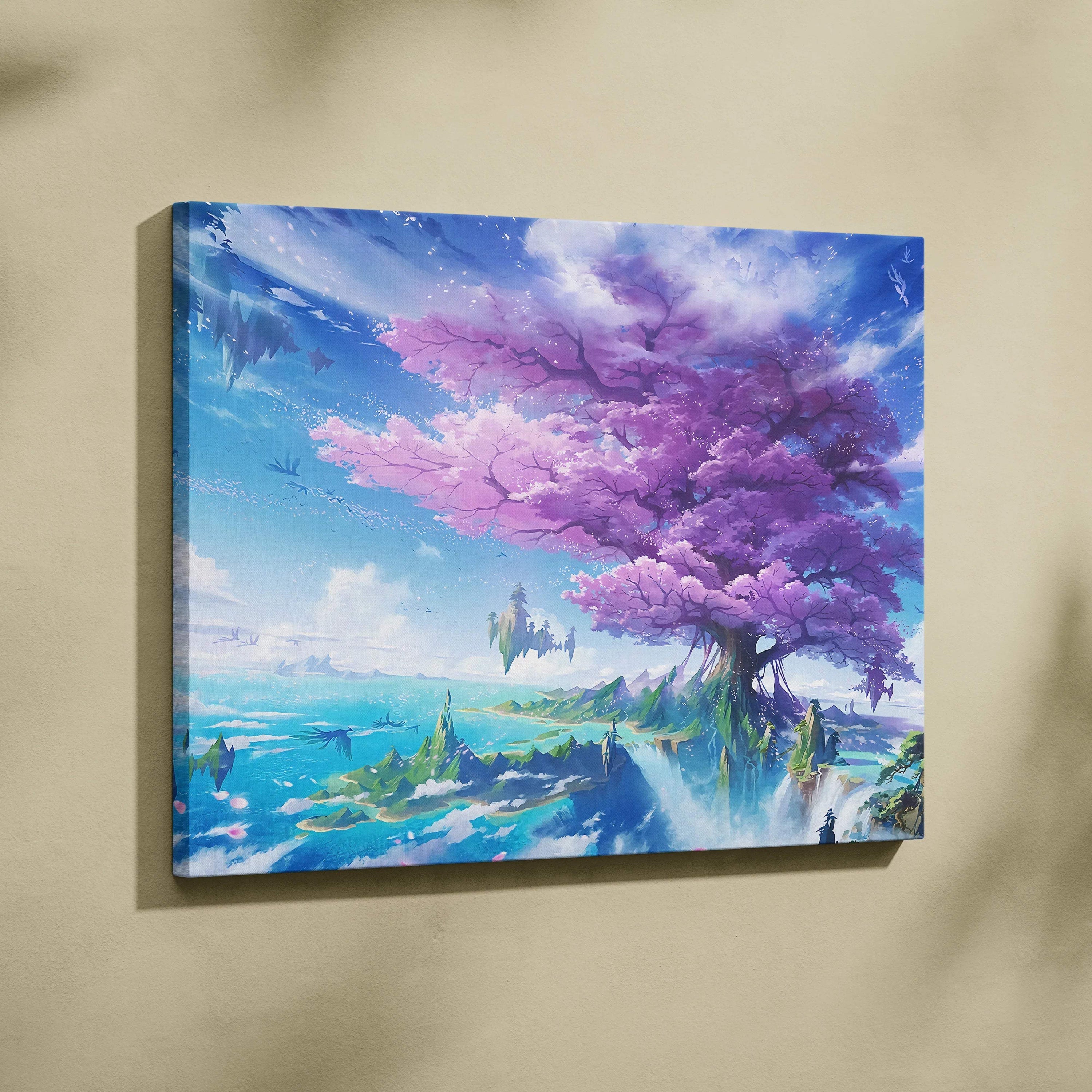 Fantasy cherry blossom tree on floating island over ocean dreamy anime canvas art