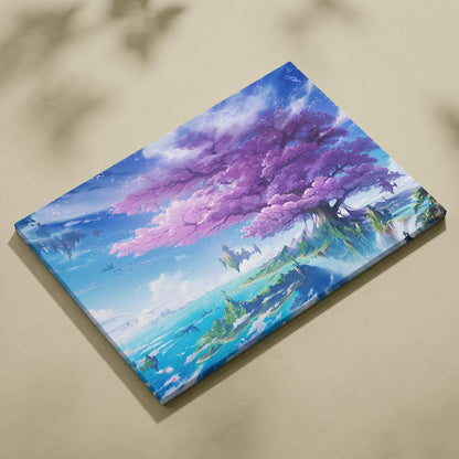 Fantasy cherry blossom tree on floating island dreamy anime canvas art