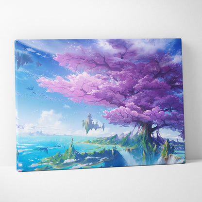 Fantasy cherry blossom tree on floating island anime canvas art