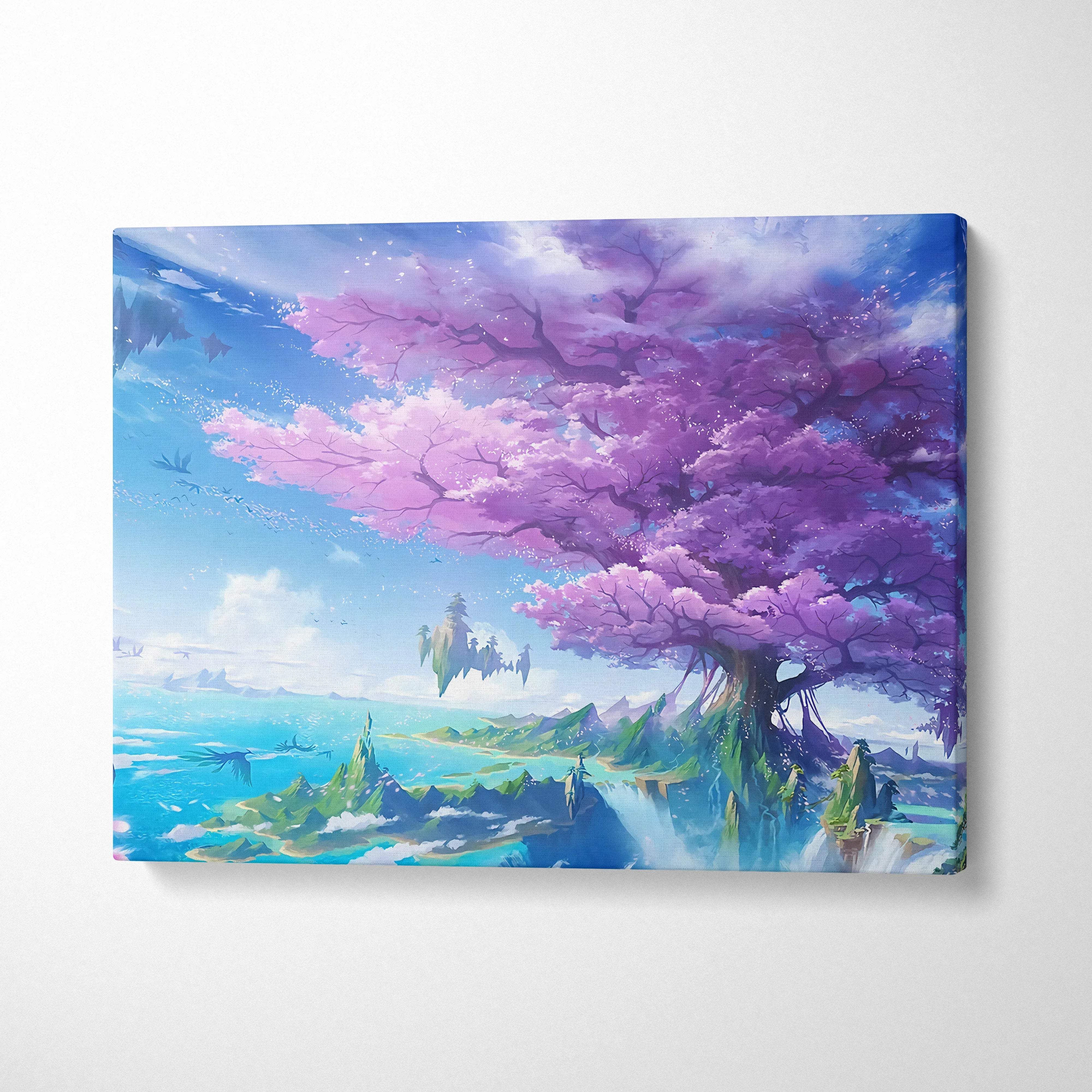 Fantasy cherry blossom tree on floating island over ocean dreamy anime canvas art