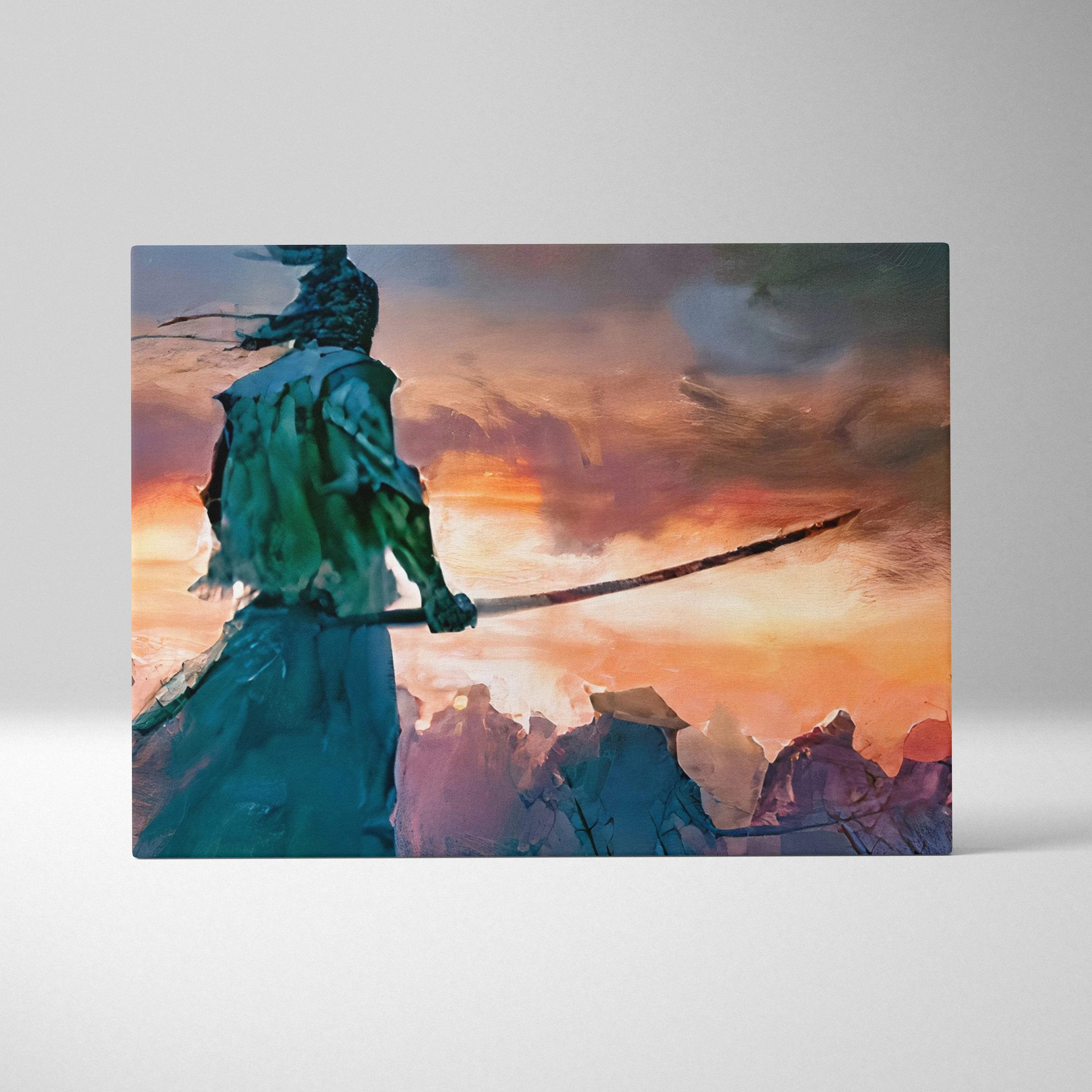 Lone samurai warrior in teal armor at fiery orange teal sunset canvas art