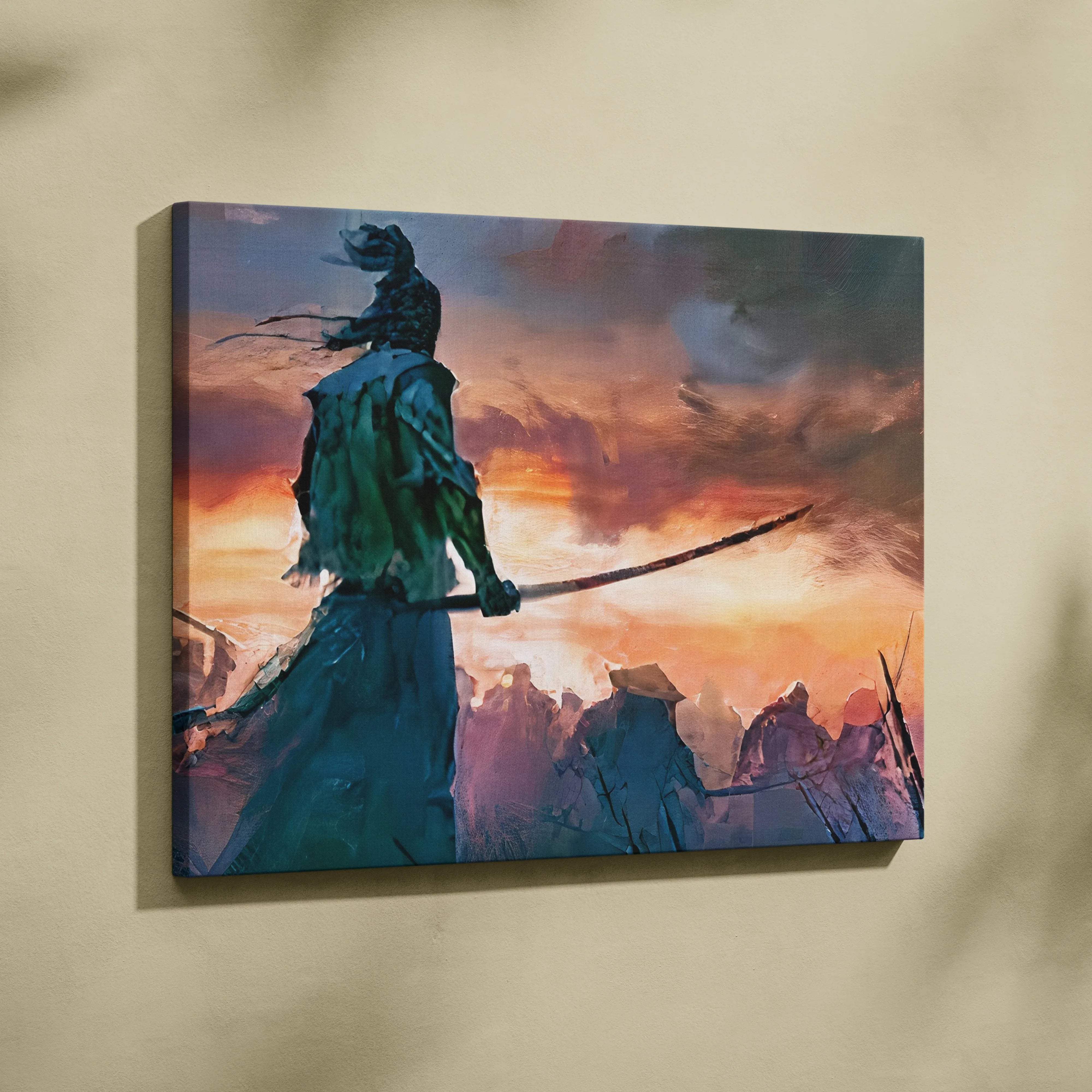 Lone samurai warrior in teal robes with sword at fiery orange sunset canvas print
