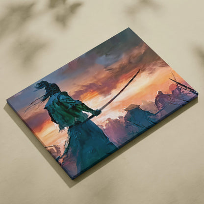 Lone samurai silhouette on fiery orange purple sunset canvas print