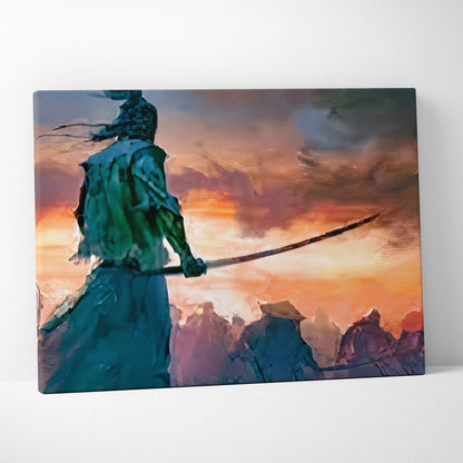 Lone samurai warrior in teal armor with sword at fiery orange sunset canvas art