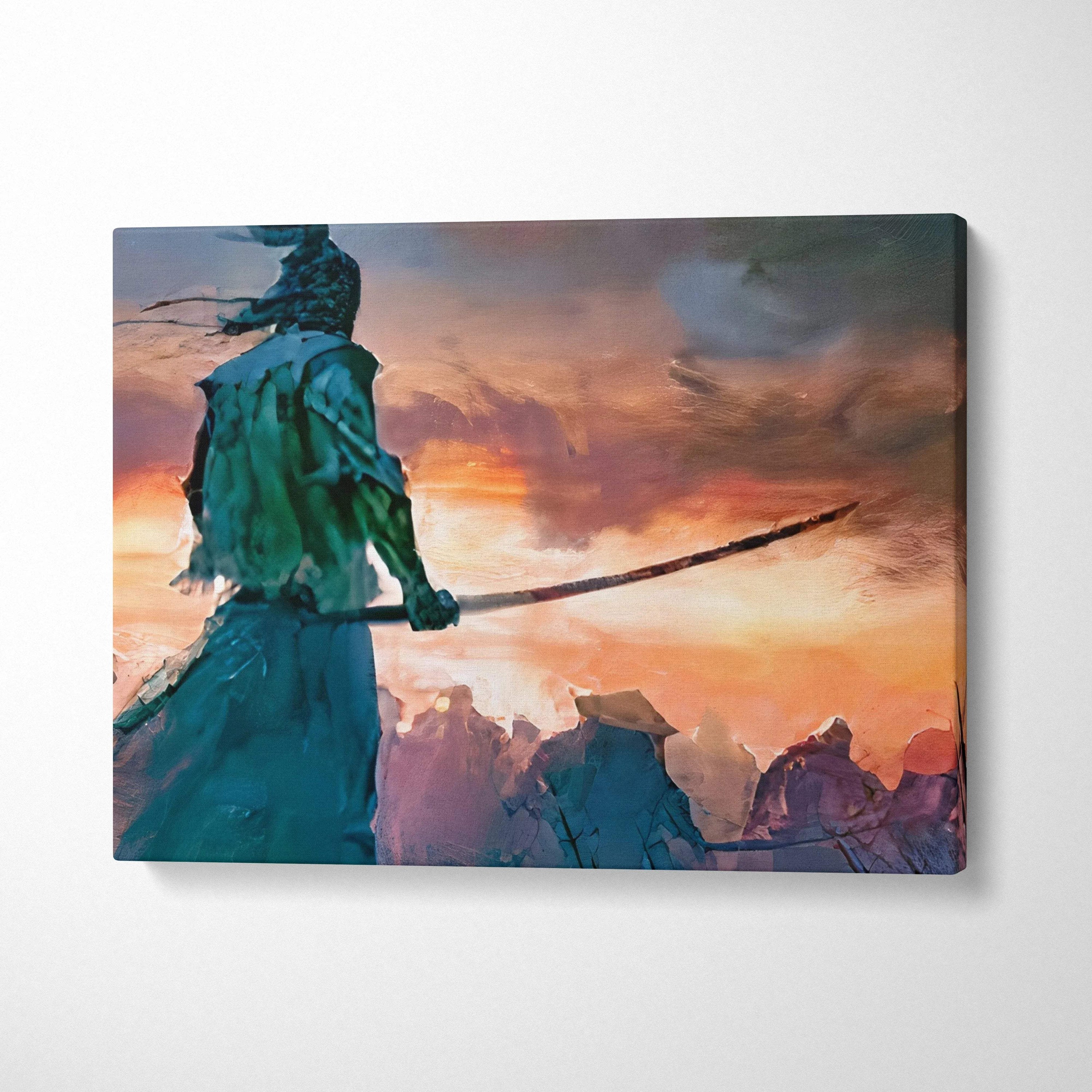 Lone samurai warrior in teal armor with sword at fiery orange sunset canvas art