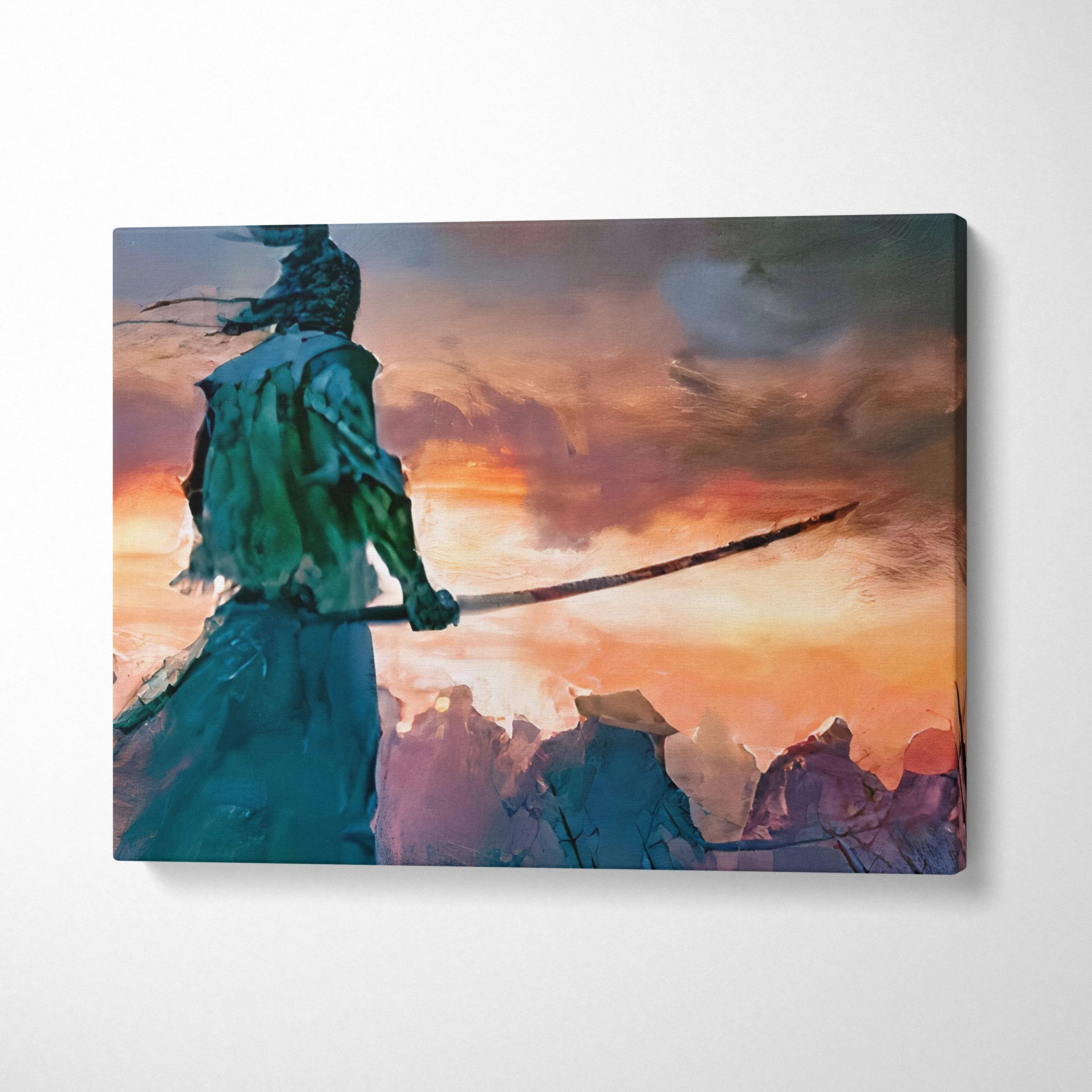 Lone samurai warrior in teal armor with sword at fiery orange sunset canvas art