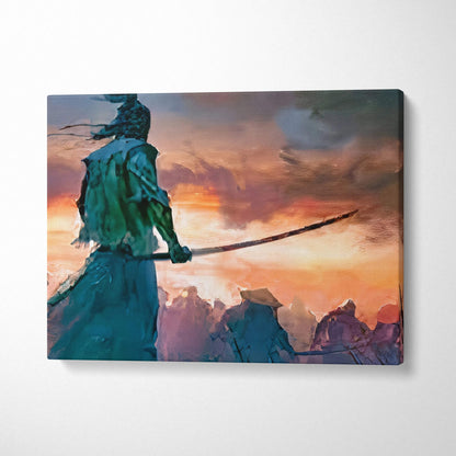 Lone samurai warrior in teal armor with sword at fiery orange sunset canvas art