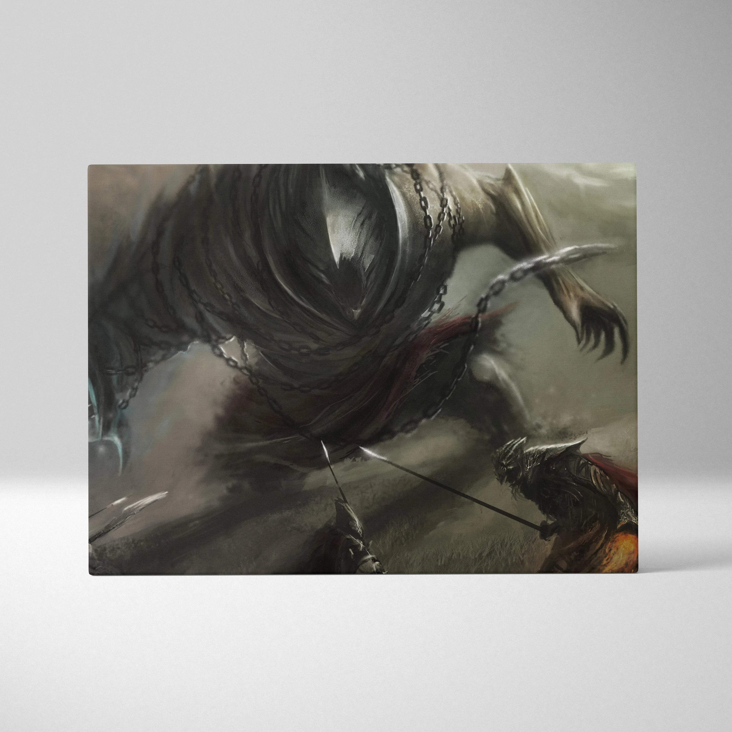 Dark chained beast and armored knights epic fantasy battle canvas art