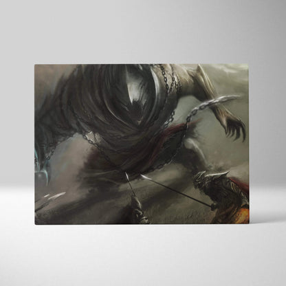Dark chained beast and armored knights epic fantasy battle canvas art