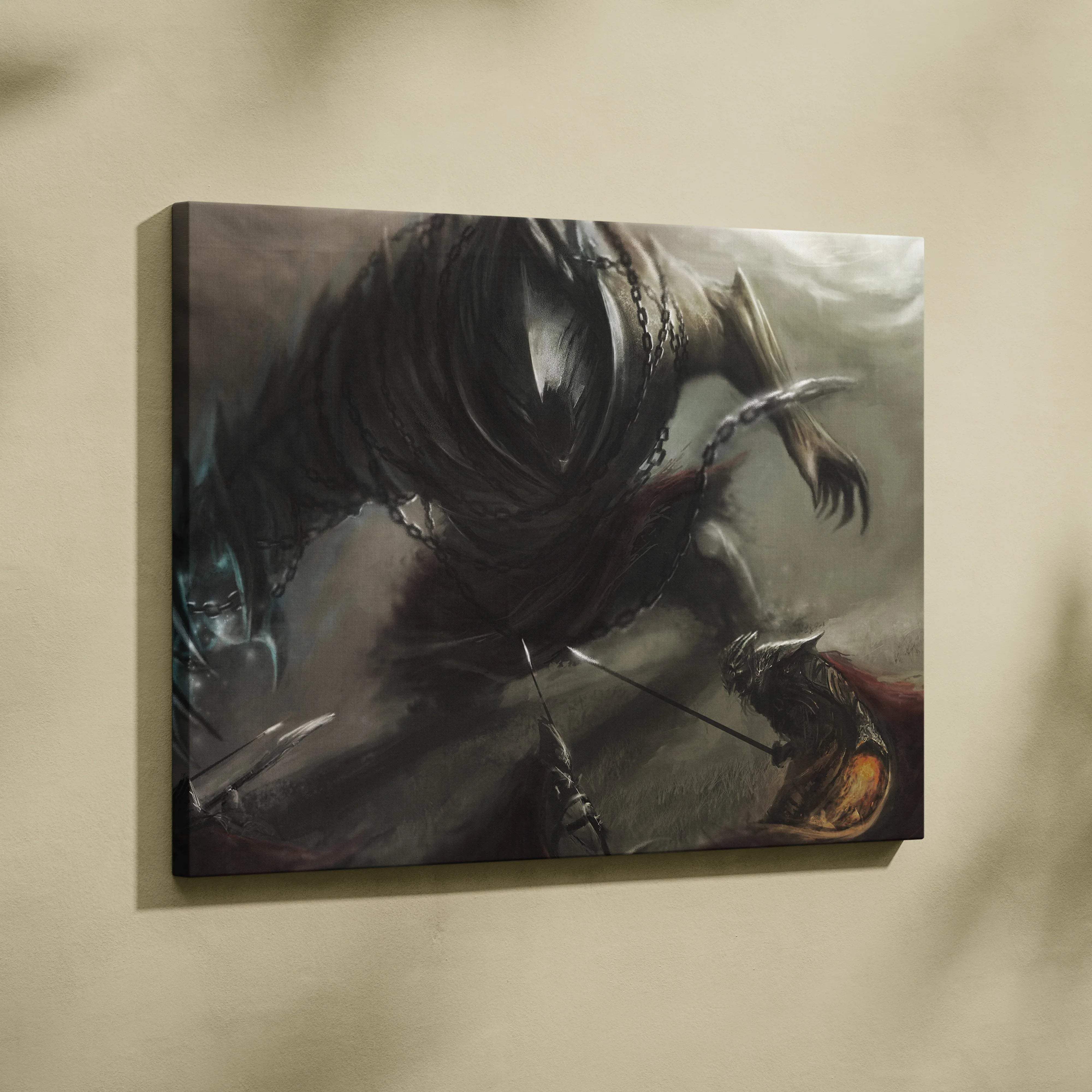 Epic dark fantasy canvas art of chained monster battling armored knights