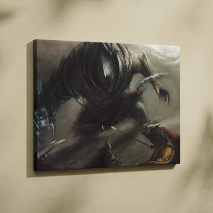 Epic dark fantasy canvas art of chained monster battling armored knights