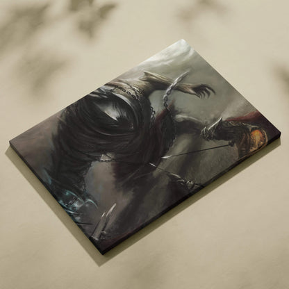 Epic dark fantasy battle canvas with chained monster and armored knights