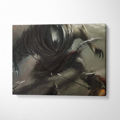Dark fantasy canvas print of chained beast battling armored knights
