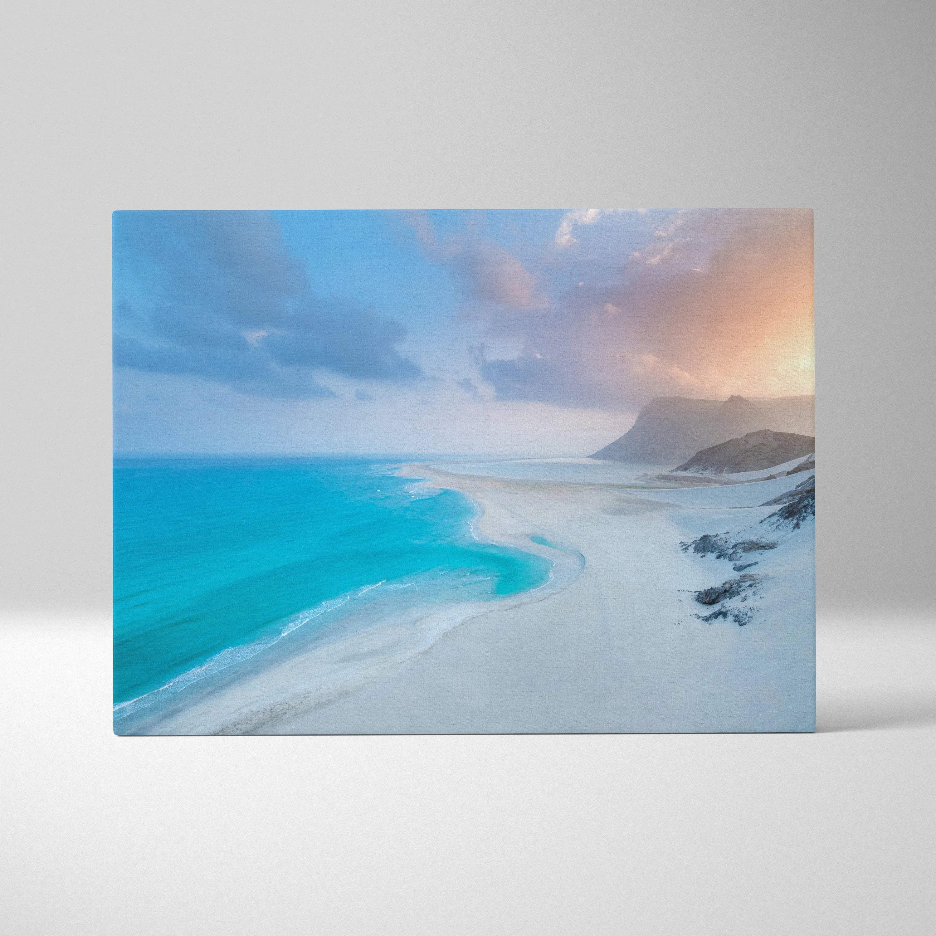 Serene tropical beach canvas wall art with turquoise ocean, white sand dunes, sunset hues