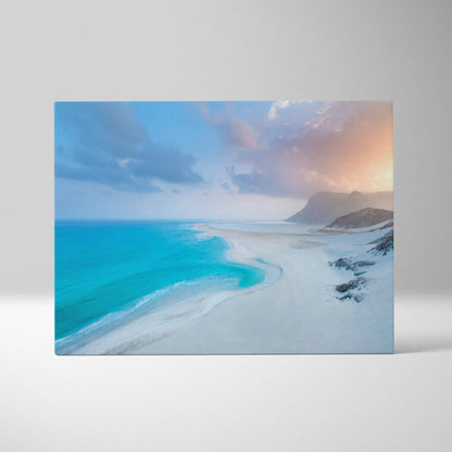 Serene tropical beach canvas wall art with turquoise ocean, white sand dunes, sunset hues