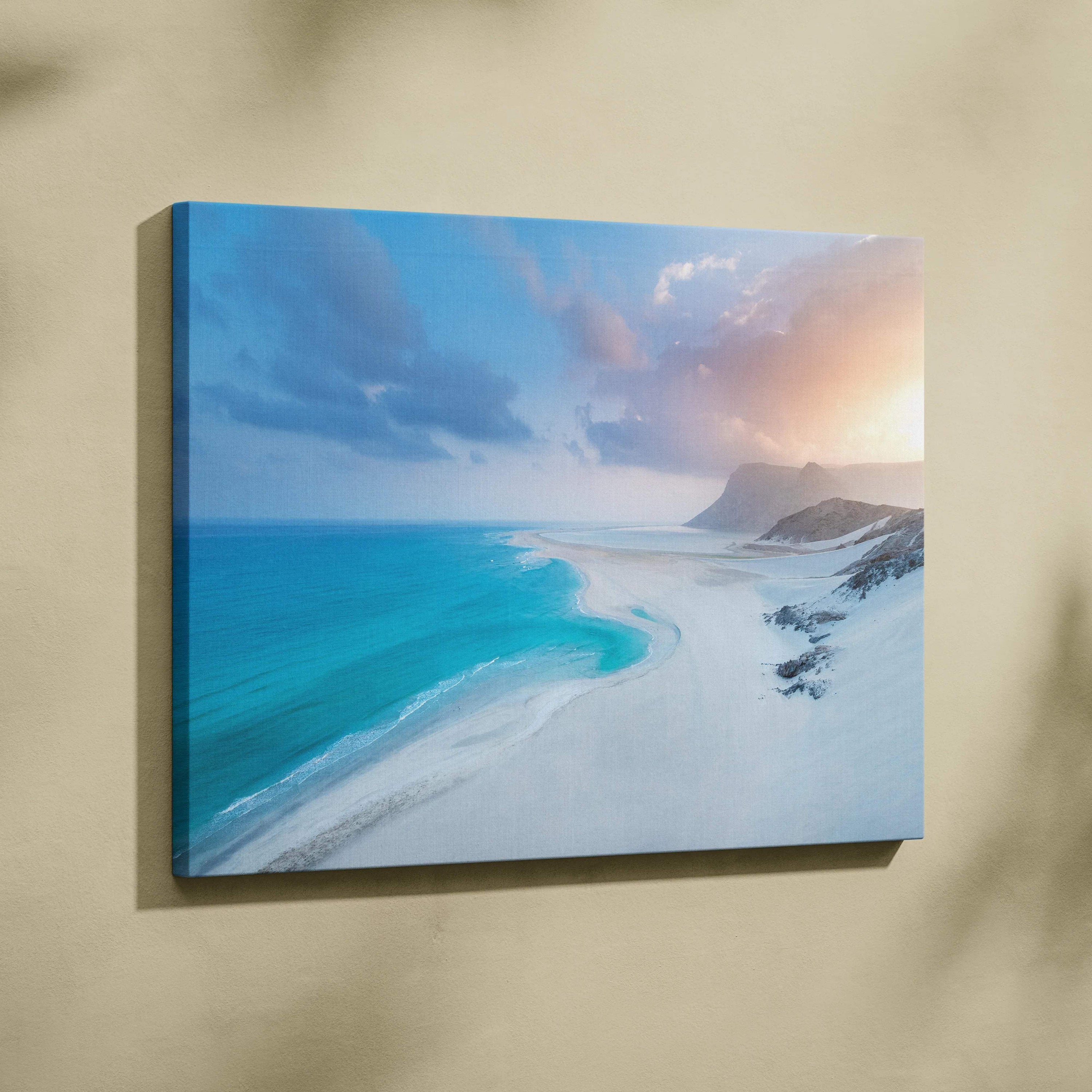 Serene tropical beach canvas wall art with turquoise ocean, white sand dunes at sunset