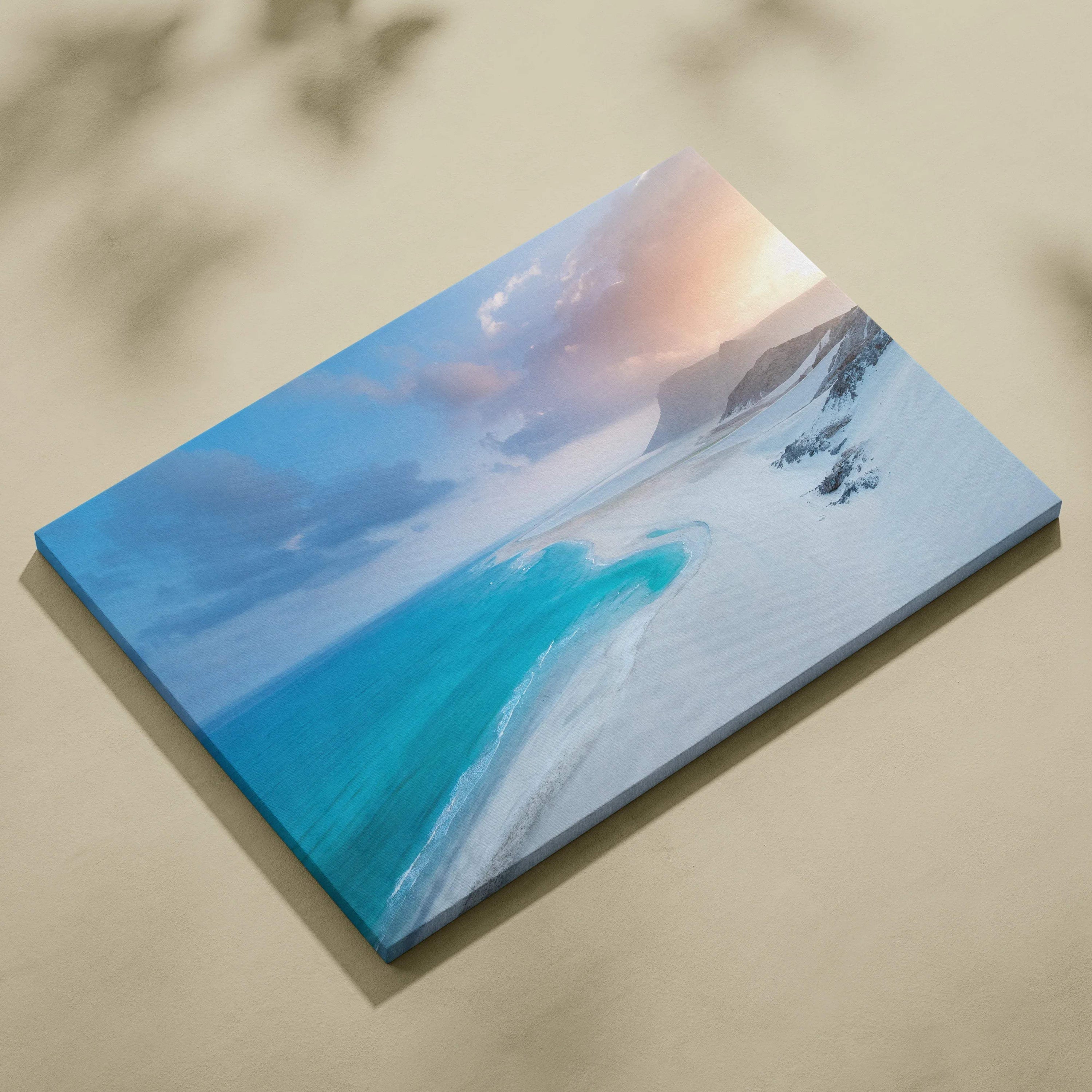 Serene tropical beach canvas wall art with turquoise ocean, white sand dunes at sunset