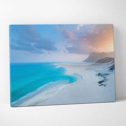 Serene tropical beach canvas wall art with turquoise ocean, white sand dunes at sunset