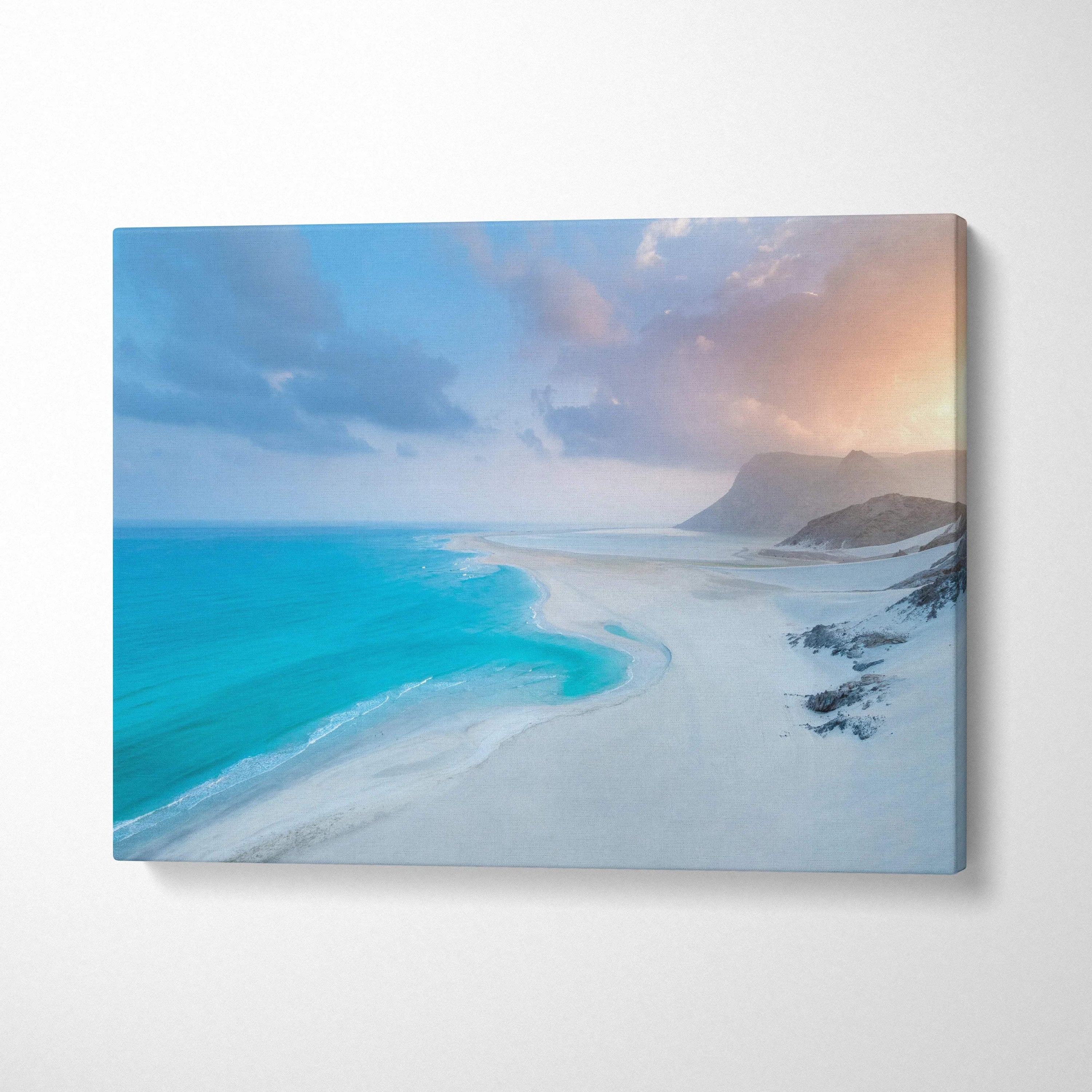 Serene tropical beach canvas wall art with turquoise ocean, white sand dunes at sunset