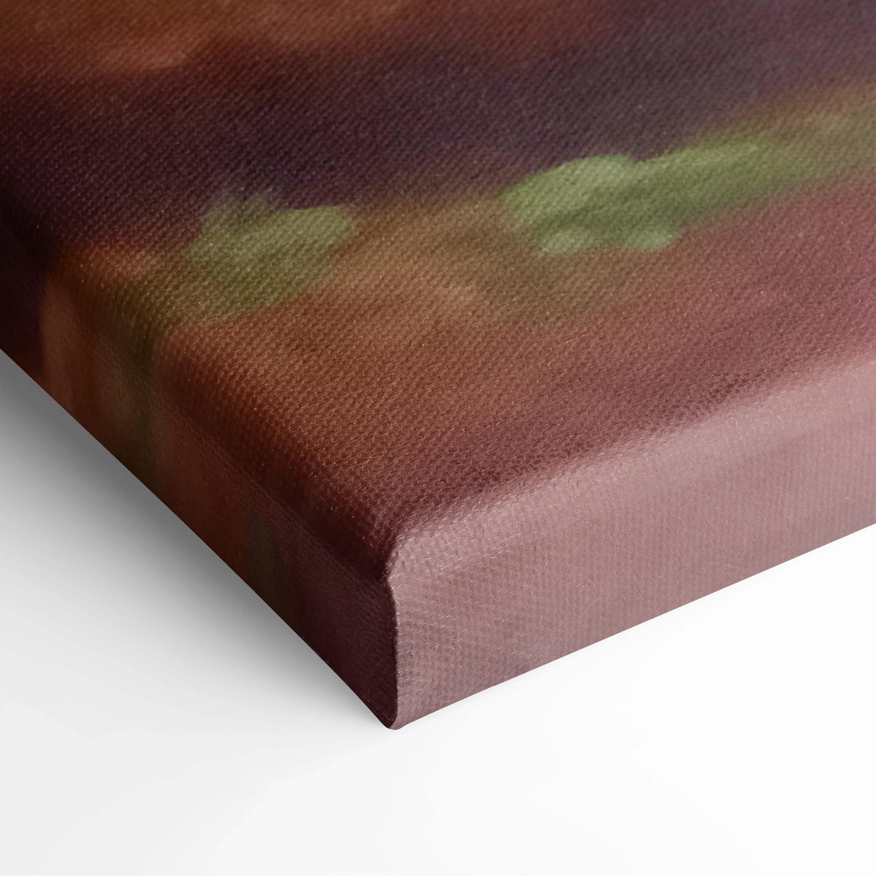 Textured canvas print of rustic cottage green mountains in earthy browns greens