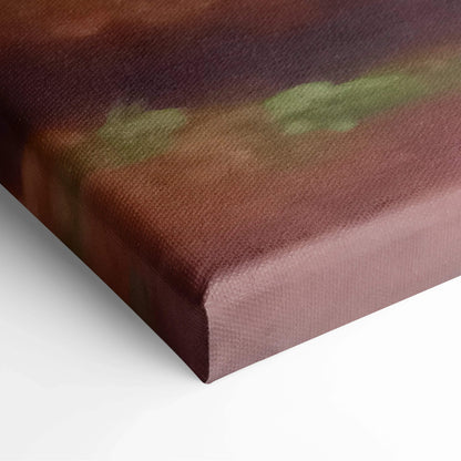 Textured canvas print of rustic cottage green mountains in earthy browns greens