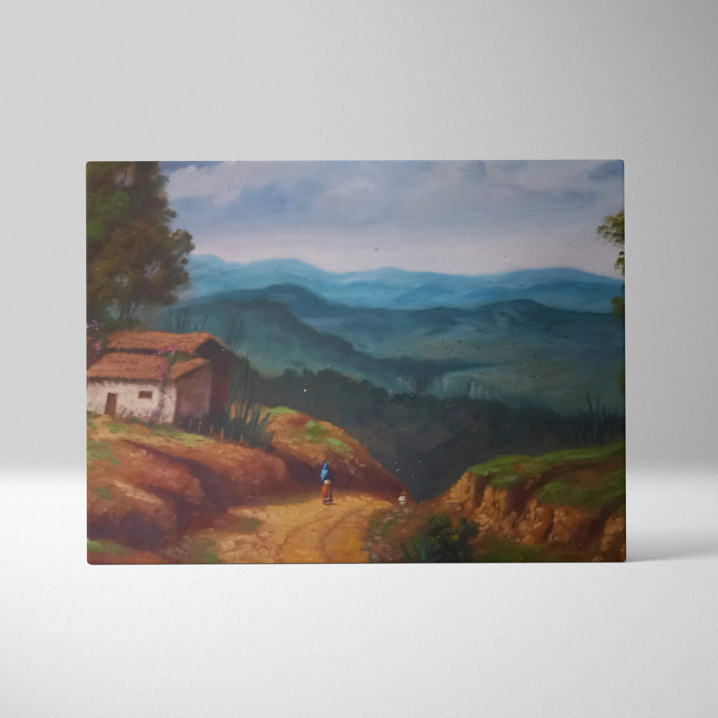 Classic oil painting of rustic countryside cottage, green mountains, tranquil mood