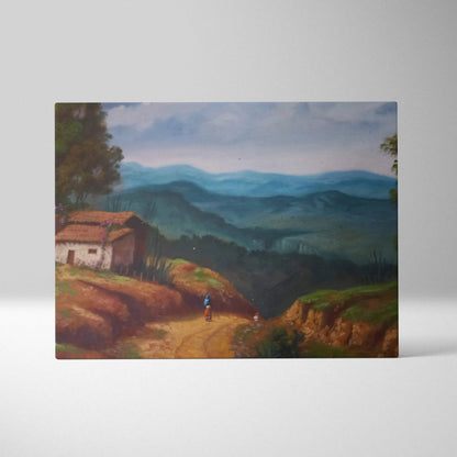 Classic oil painting of rustic countryside cottage, green mountains, tranquil mood