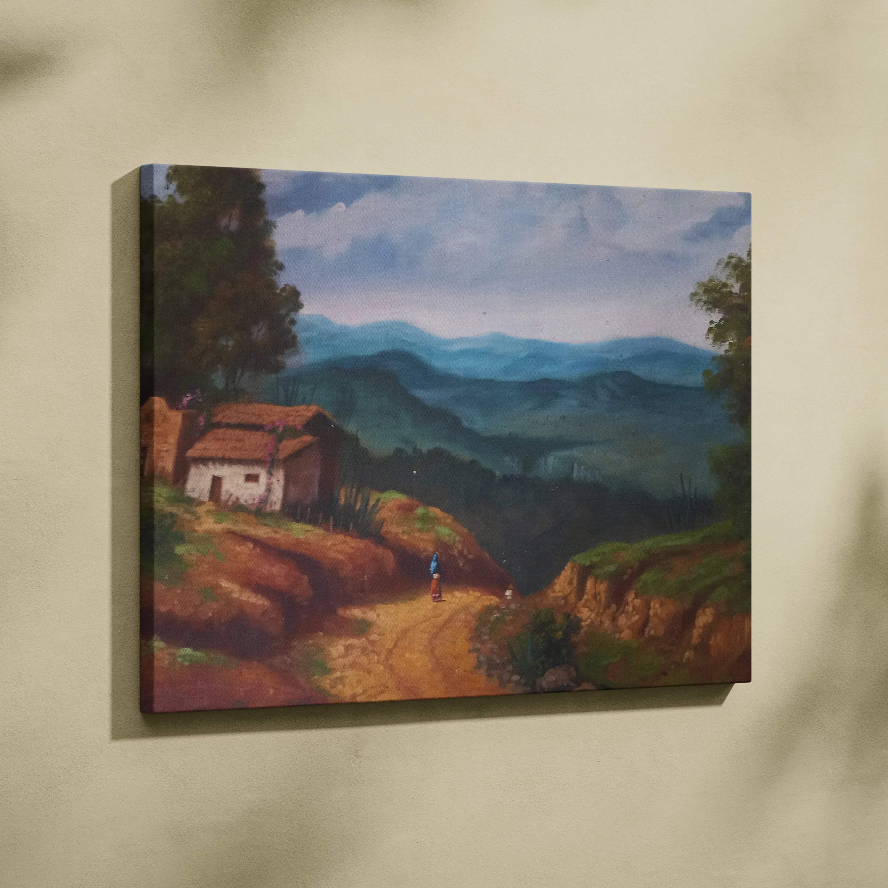 Classic oil painting of rustic countryside cottage, green mountains, tranquil mood