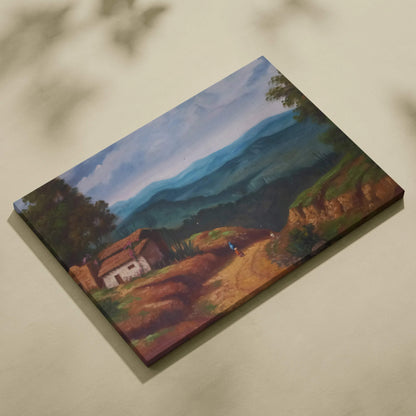 Classic oil painting of rustic countryside cottage in green mountains, serene blues and browns