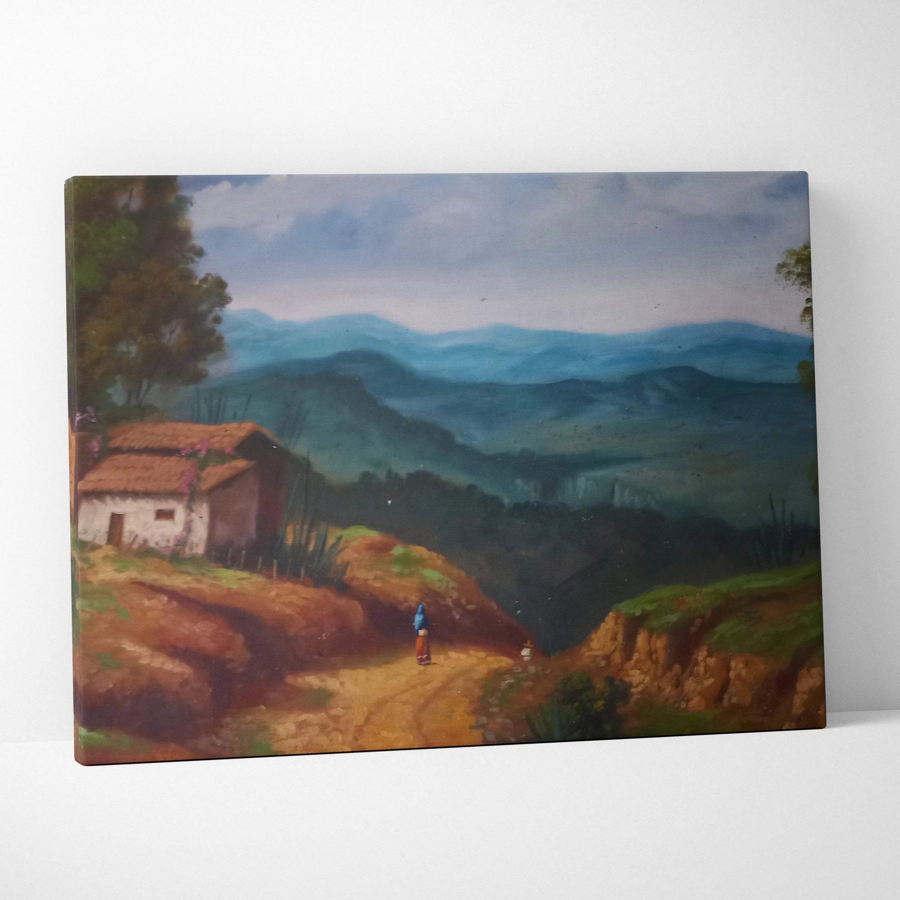 Classic oil painting of rustic countryside cottage, green mountains, tranquil mood