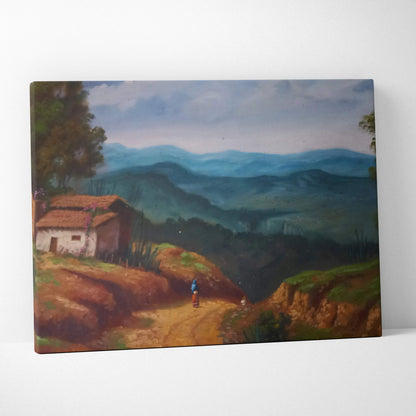 Classic oil painting of rustic countryside cottage, green mountains, tranquil mood