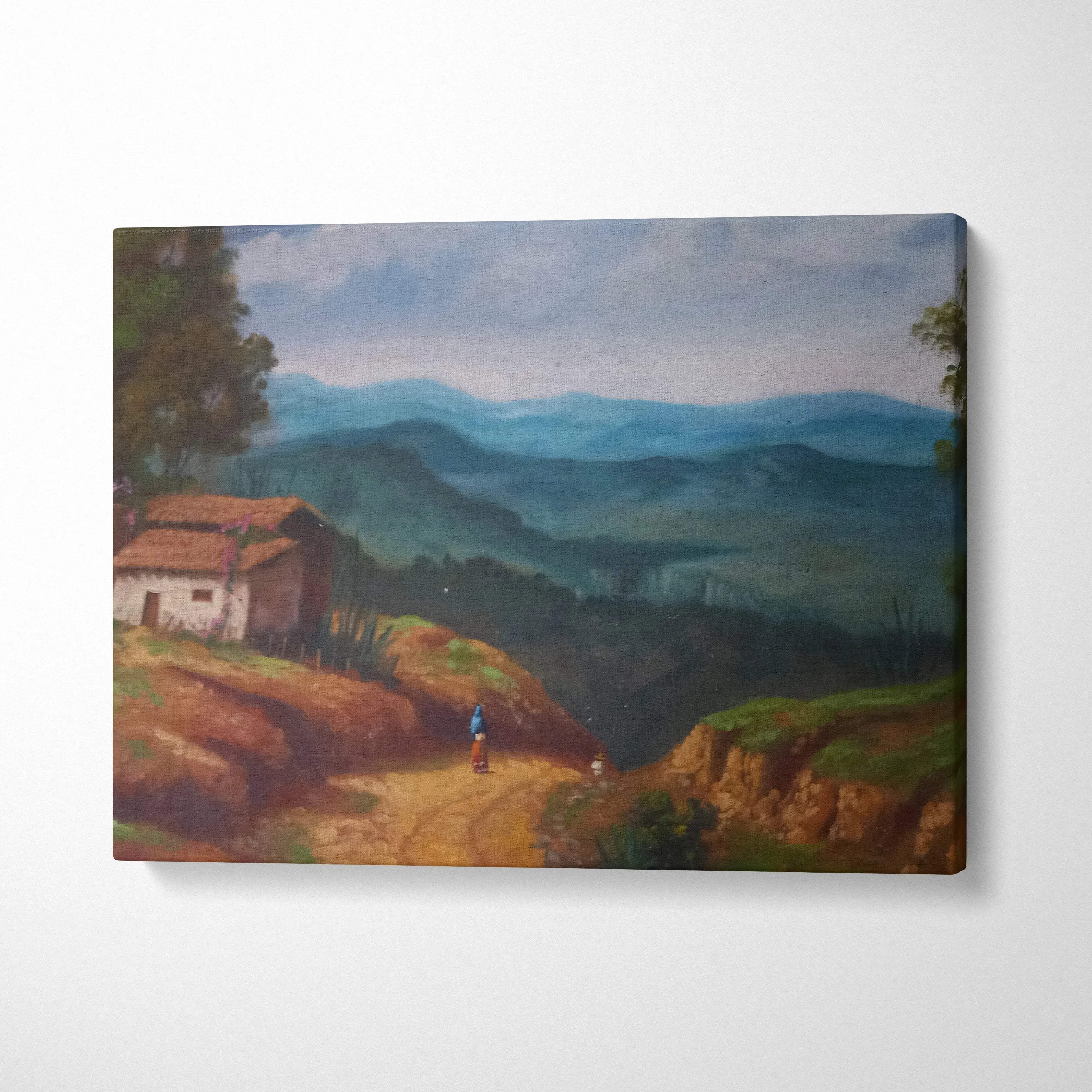 Classic oil painting of rustic countryside cottage, green mountains, tranquil mood