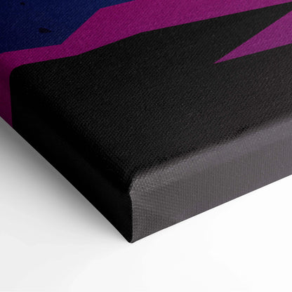 Black canvas print of minimalist astronaut on neon purple planet in cosmic scene