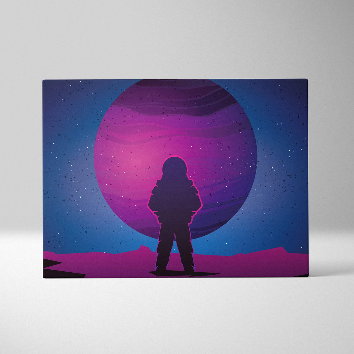 Minimalist astronaut silhouette on neon purple planet canvas wall art