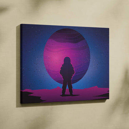 Minimalist astronaut silhouette on neon purple planet canvas wall art
