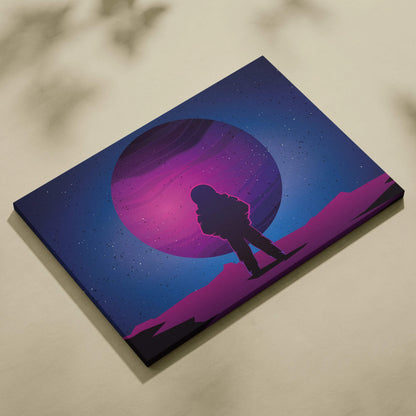 Minimalist astronaut silhouette on neon purple planet canvas wall art
