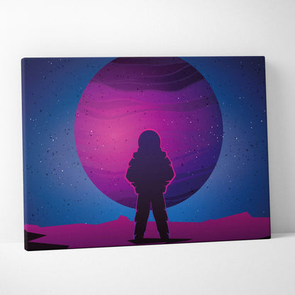 Minimalist astronaut silhouette on neon purple planet canvas wall art