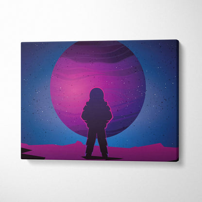 Minimalist astronaut silhouette on neon purple planet canvas wall art