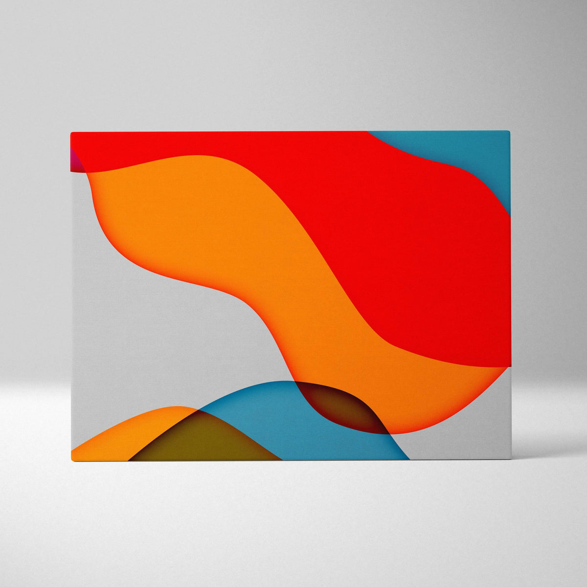 Minimalist abstract canvas with bold red orange teal magenta fluid shapes on gray backdrop