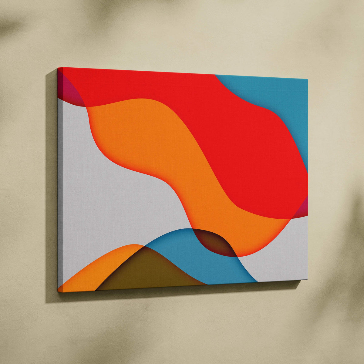Minimalist abstract fluid shapes canvas art in red orange teal magenta on gray