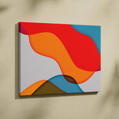 Minimalist abstract fluid shapes canvas art in red orange teal magenta on gray