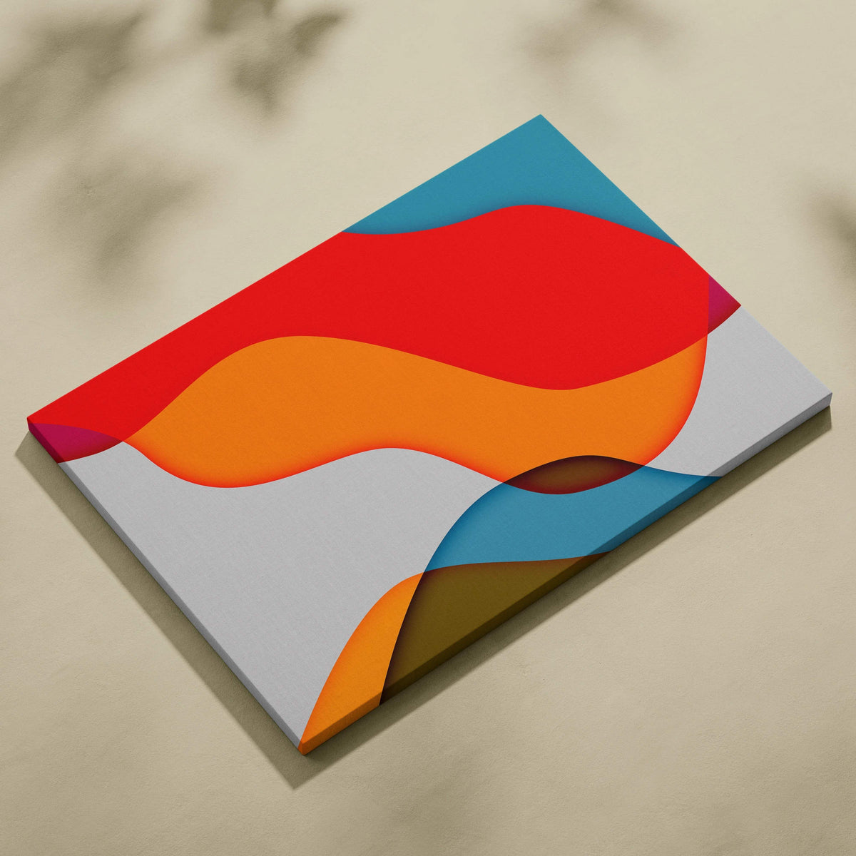 Minimalist abstract canvas with bold red orange teal magenta fluid waves on gray