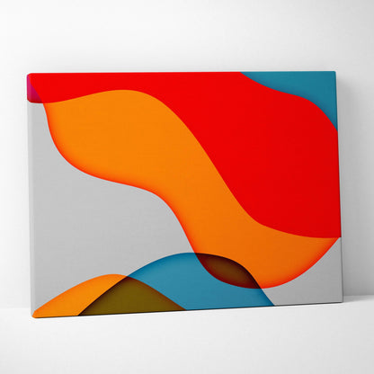Minimalist abstract canvas wall art with bold red orange teal magenta wavy shapes on gray backdrop