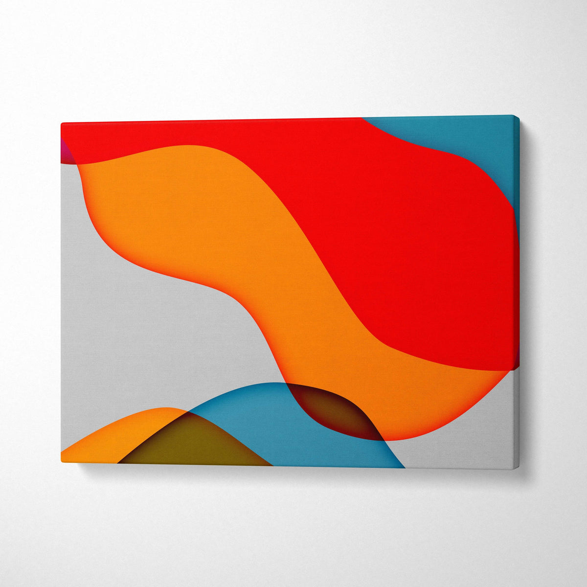 Minimalist abstract fluid shapes canvas art in bold red orange teal on gray
