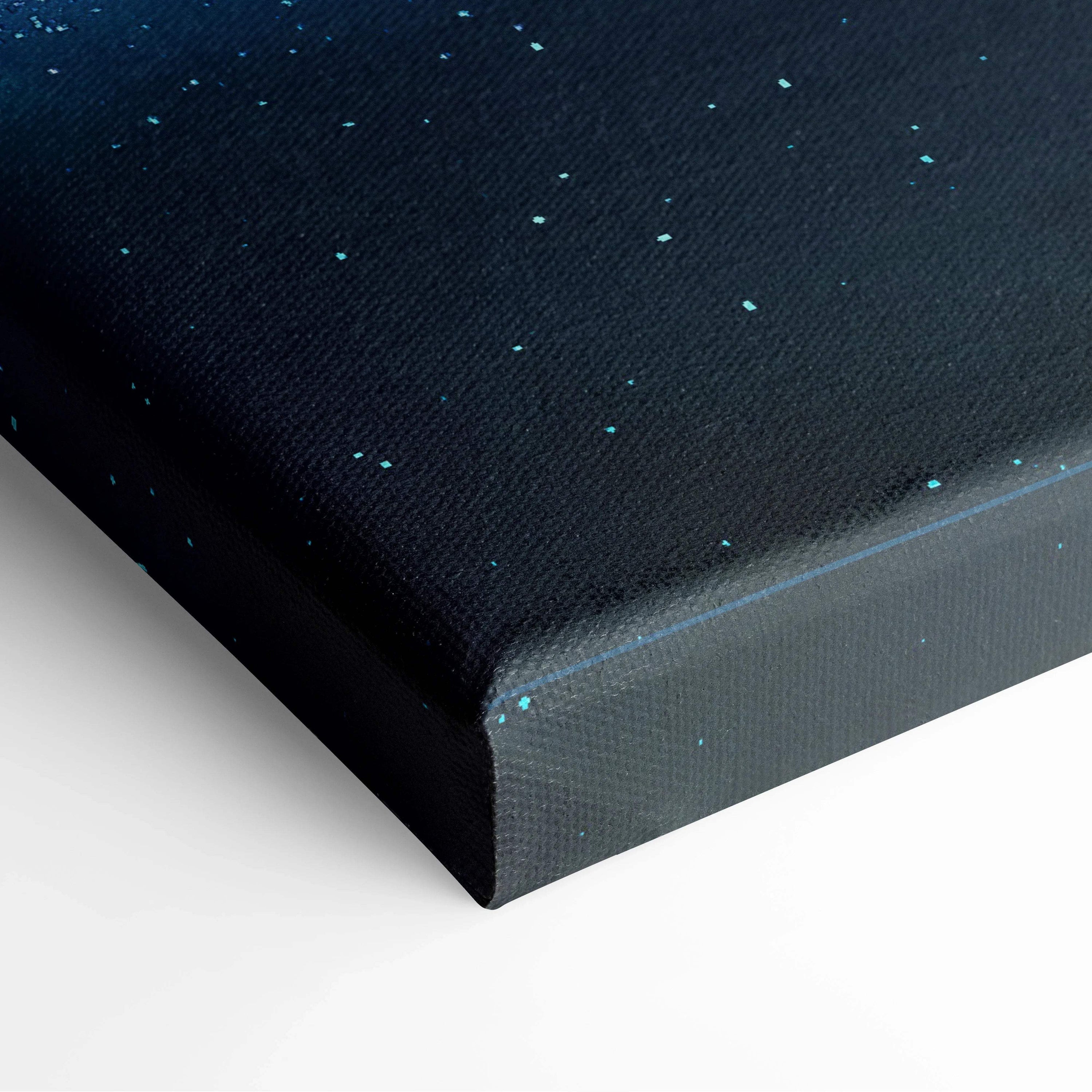 Black canvas print back with speckled texture, teal dots, neon ringed planet art