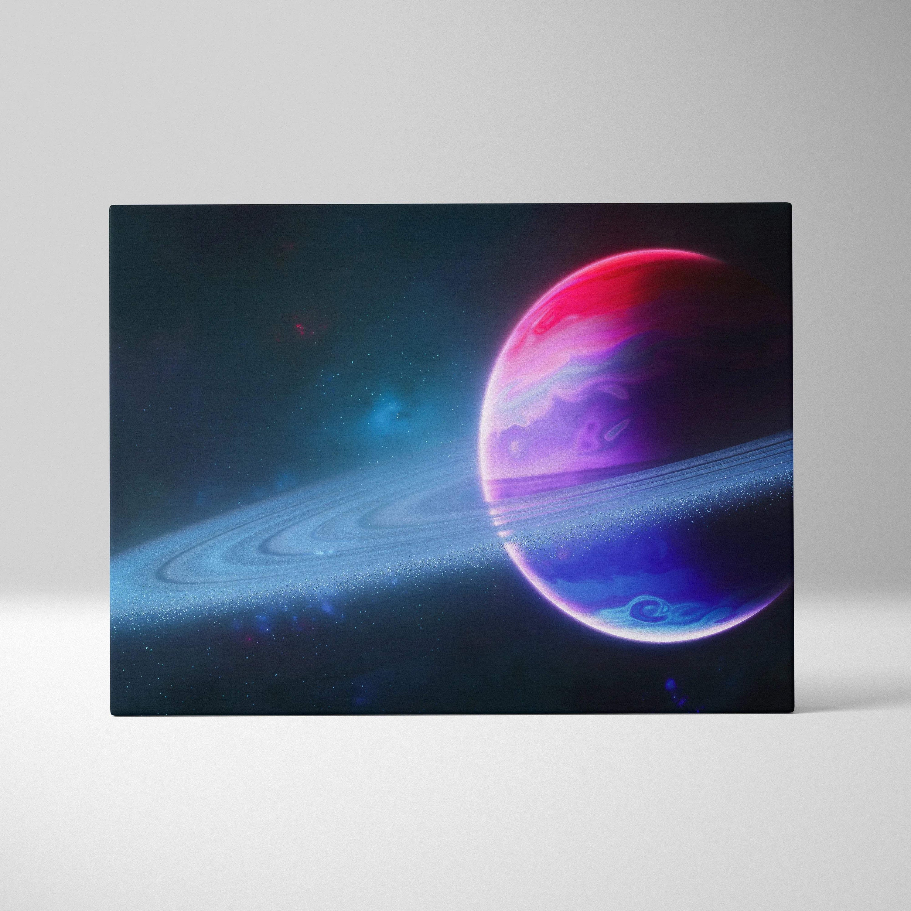 Vibrant neon ringed planet in pink purple blue hues canvas wall art