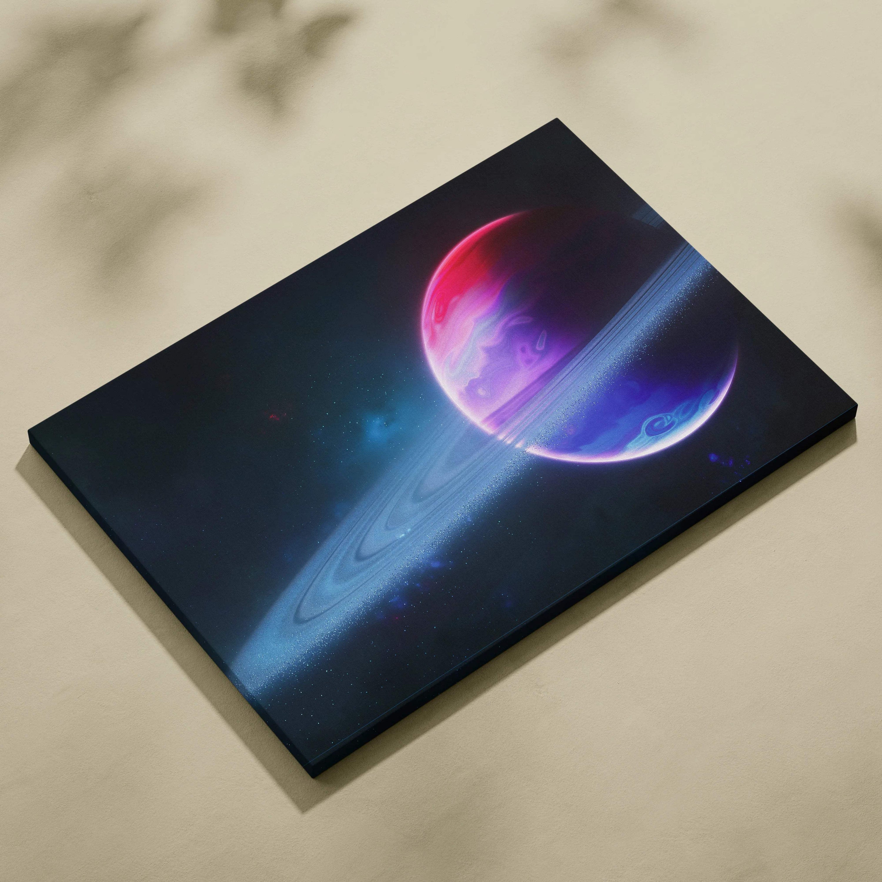 Vibrant neon ringed planet in pink purple blue hues on cosmic canvas art