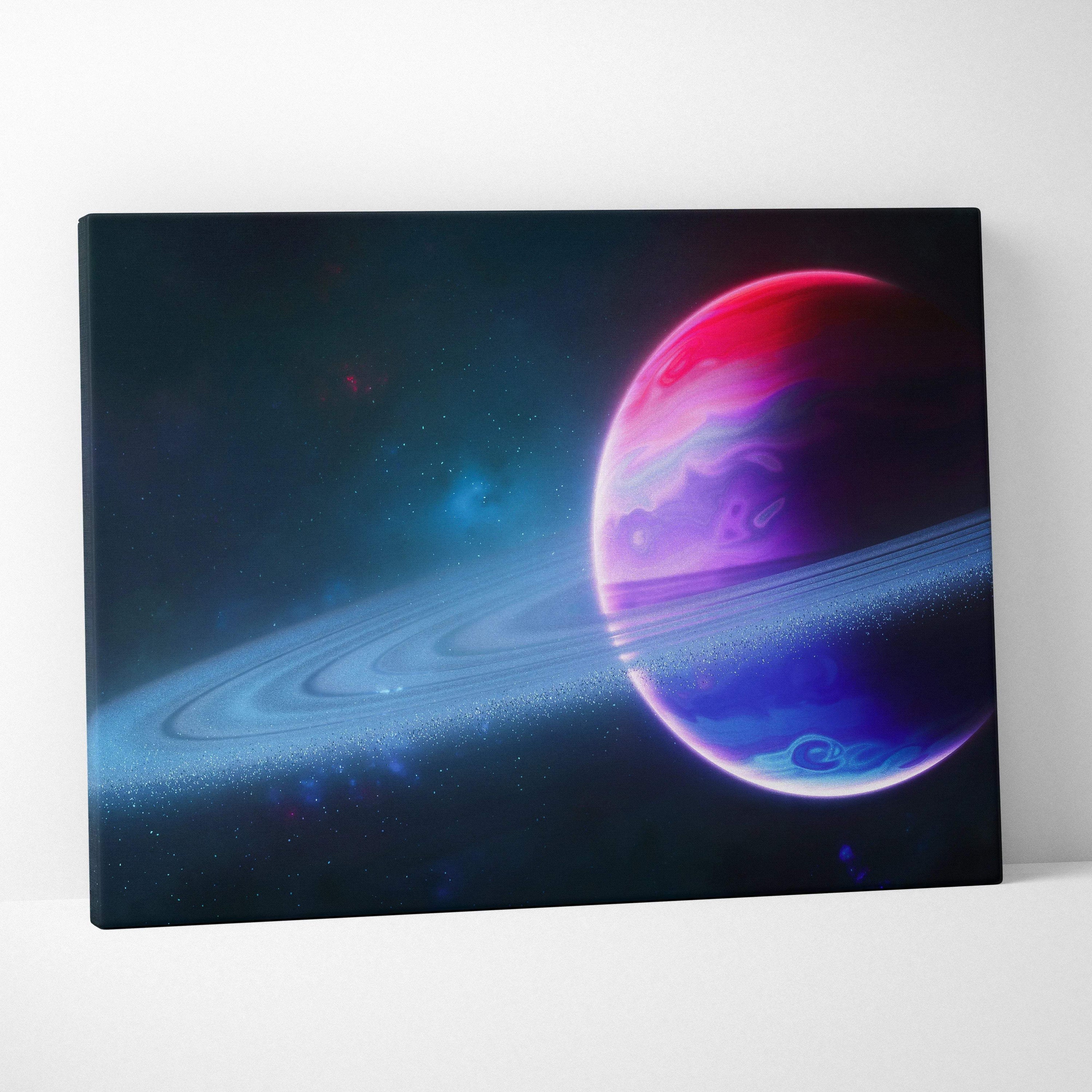 Vibrant neon ringed planet in pink purple blue hues canvas wall art